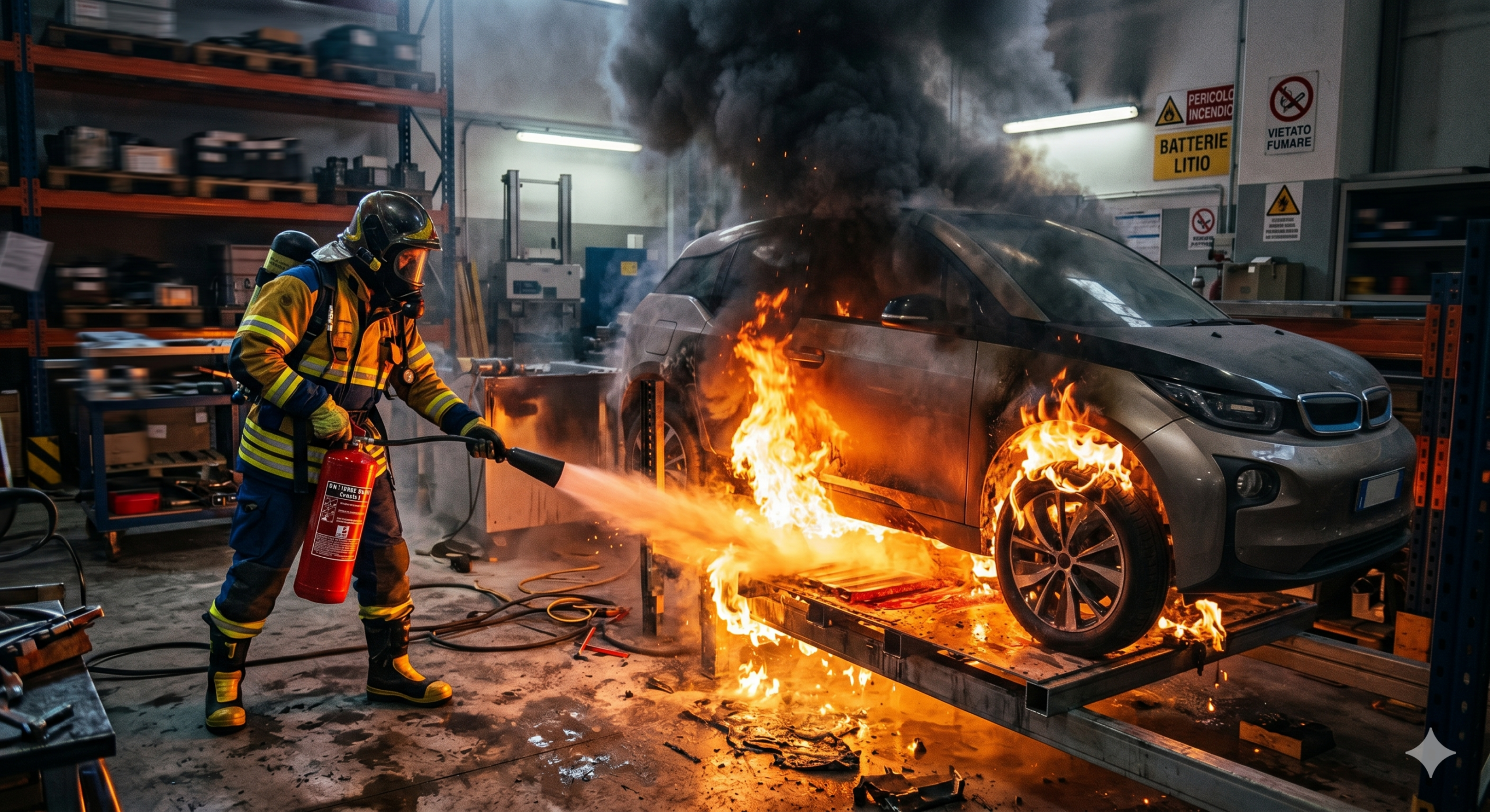 Vigile del fuoco spegne un incendio di un'auto elettrica: un tipico esempio di emergenza legata alle batterie al litio (Classe di fuoco L).