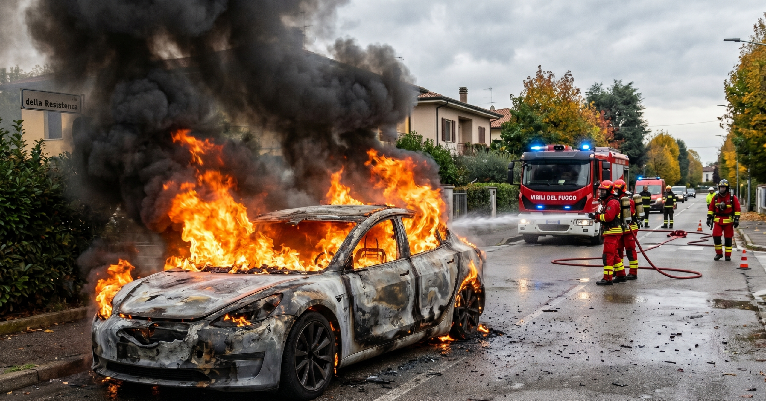 Vigile del fuoco spegne un incendio di un'auto elettrica: un tipico esempio di emergenza legata alle batterie al litio (Classe di fuoco L).