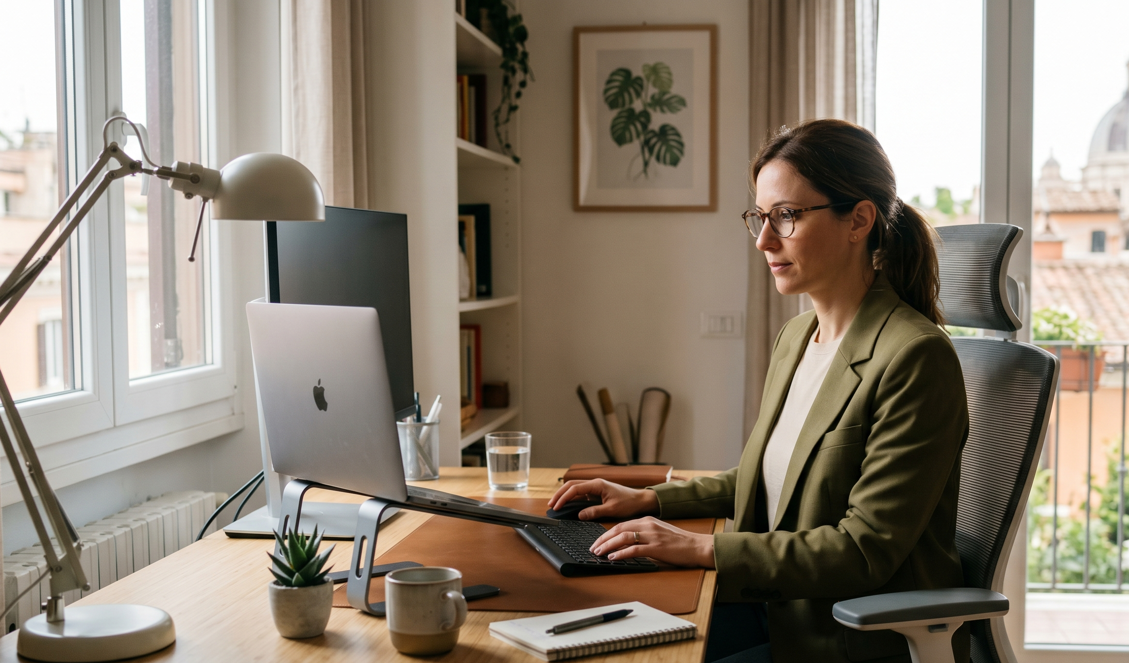 Donna lavora in una postazione ergonomica a Roma, esempio di sicurezza smart working 2026 adeguata alla normativa analizzata da Studiolab Consulenze.